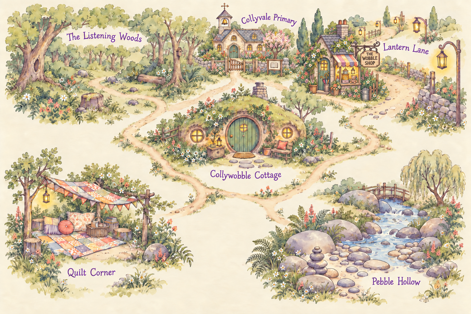 A storybook map of Collyvale. Paths connect the Listening Woods, Collyvale Primary, Lantern Lane, The Wobble Shop, Collywobble Cottage, Quilt Corner and Pebble Hollow.